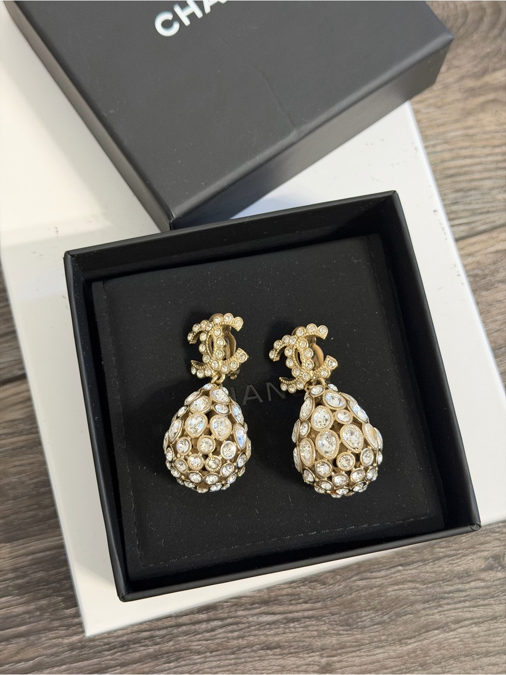 CHANEL Gold and Silver Crystal CC Teardrop Clip On Dangle Earrings